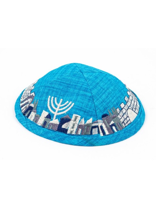 כיפה מבד טורקיז עם קליפס ורקמה מחוברת... | כיפה בד
